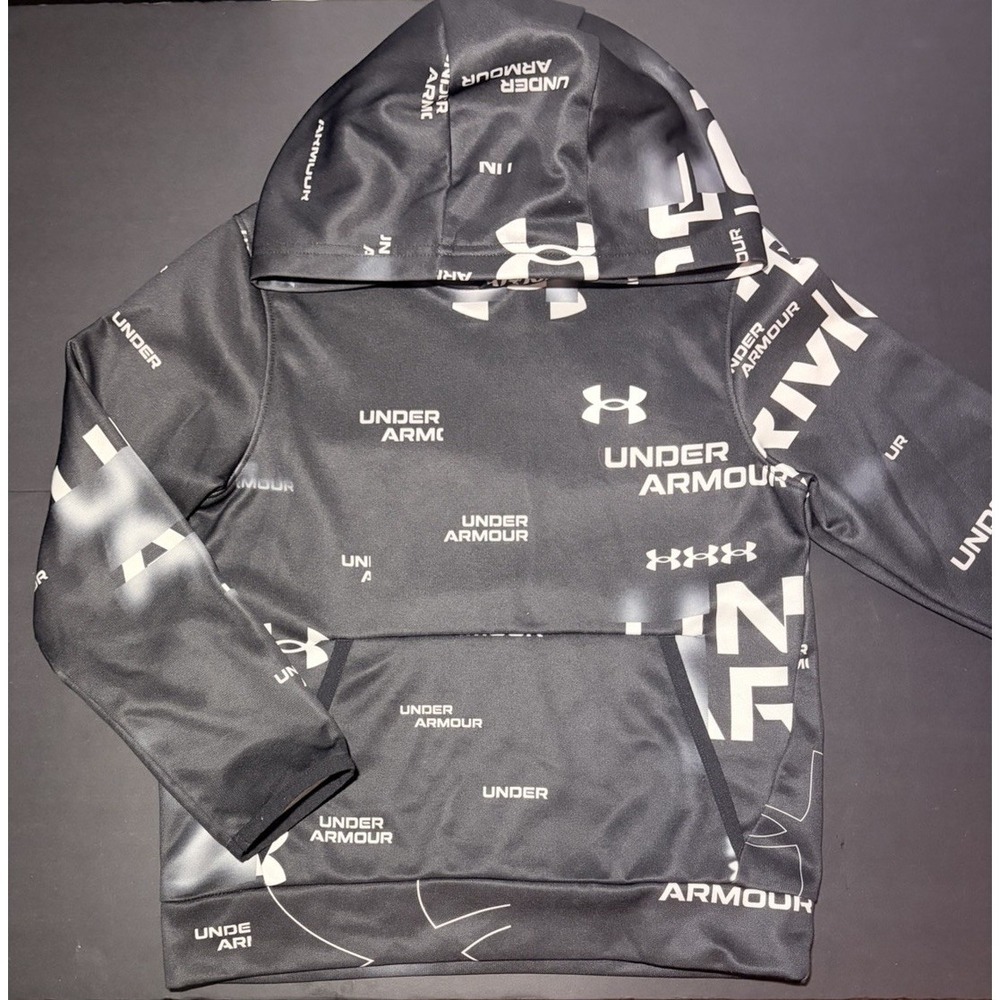 Under Armour Cold Gear Sweatshirt‎ Youth XS Hoodie Black All Over Print Logo